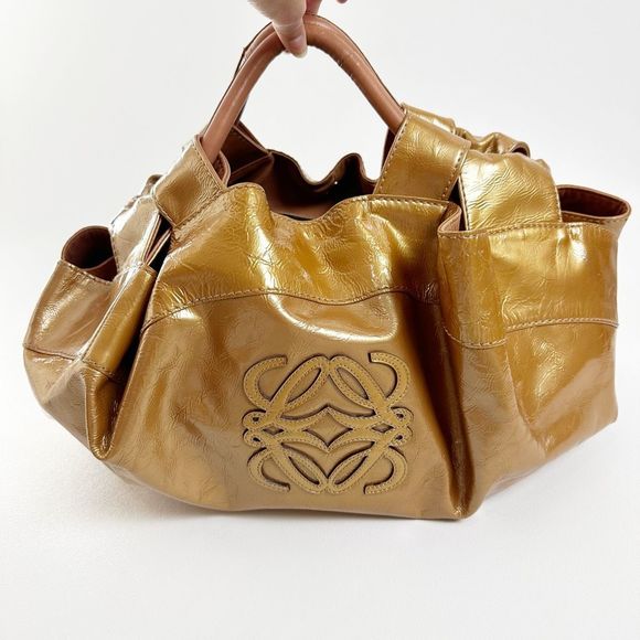 LOEWE Aire Bronze Gold Metallic Patent Leather Bag Medium Top Handle Crinkled - Picture 10 of 15